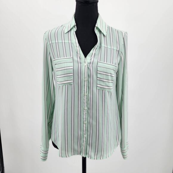 Express The Portofino Shirt Mint Striped Button Down Hi-Lo Blouse Women's Sz XS - Picture 1 of 9